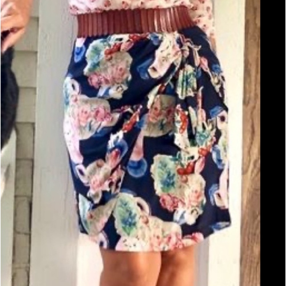 Anthropologie Rebekah Maysles Faux Wrap Skirt. Cats, Cherries and Angels Size 10